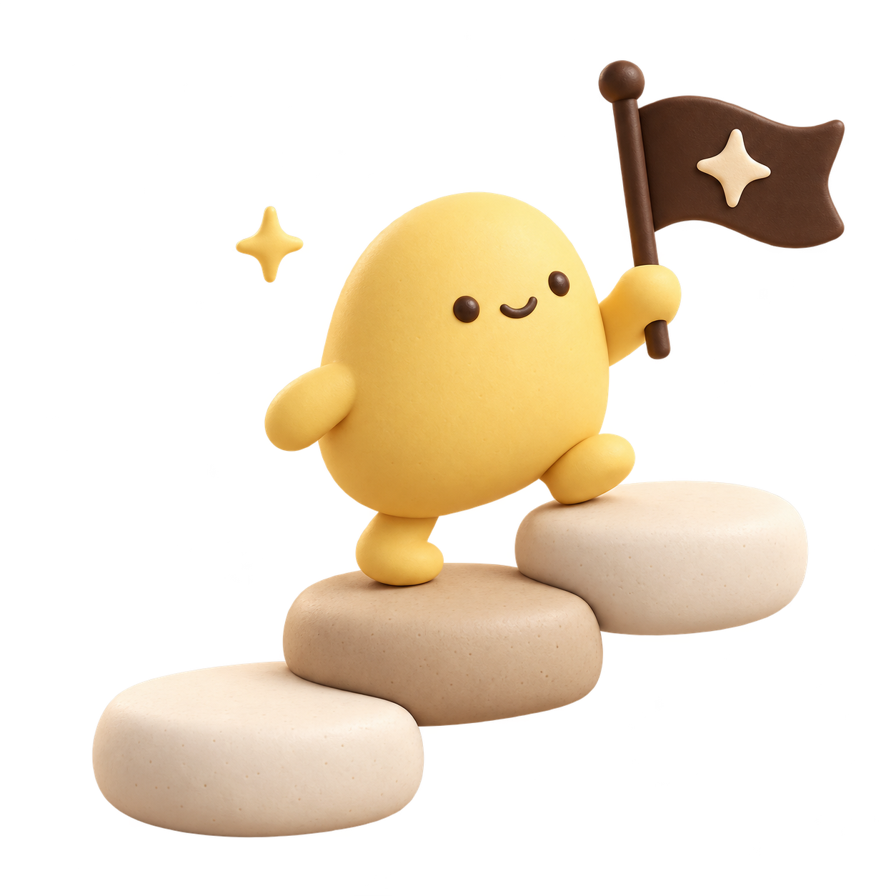 A smiling yellow clay character taking a small step up soft stepping stones